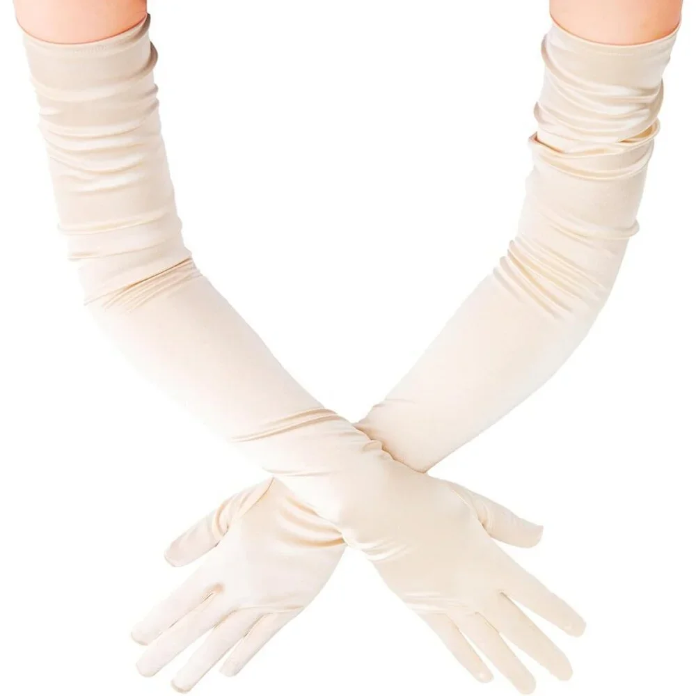 Women's Long Satin Gloves Champagne Stretchy Upper Arm Length Costume Design